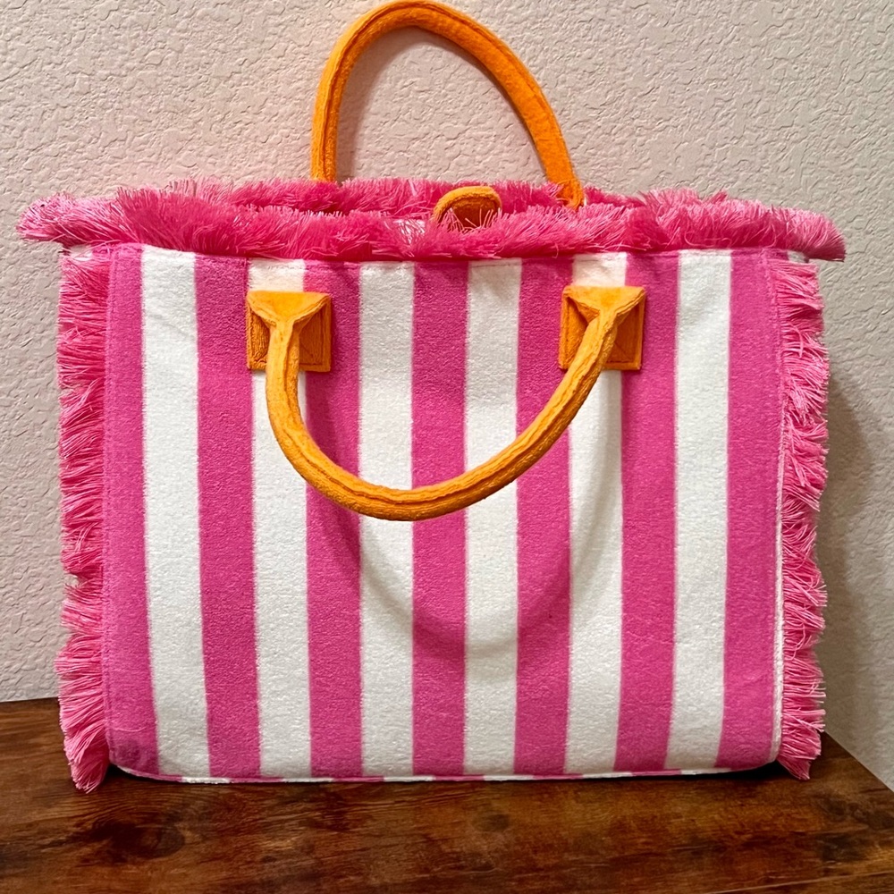 Shiraleah Pink and White Cabana Striped Tote with Fringe 🌸🤍🏵️